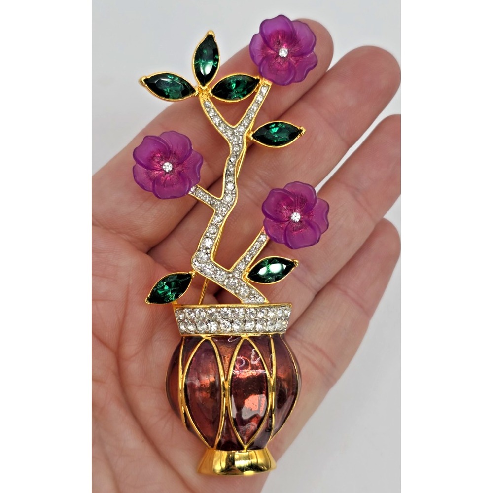 Large Flower Houseplant Pot Brooch Pin Enamel Rhinestone 3 5/8" Long Vtg 90's